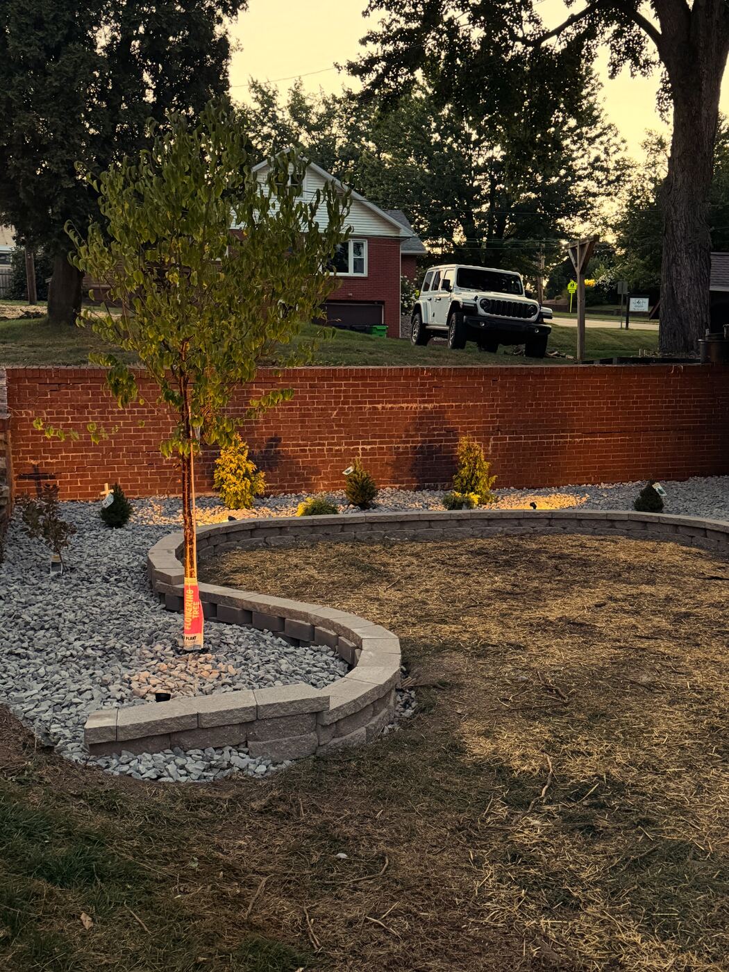 Retaining wall with tree planting and landscape lighting